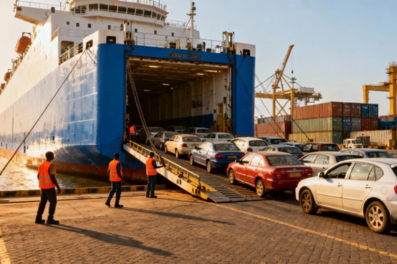 RoRo vessel loading used cars at an African port (used cars transport to Africa)