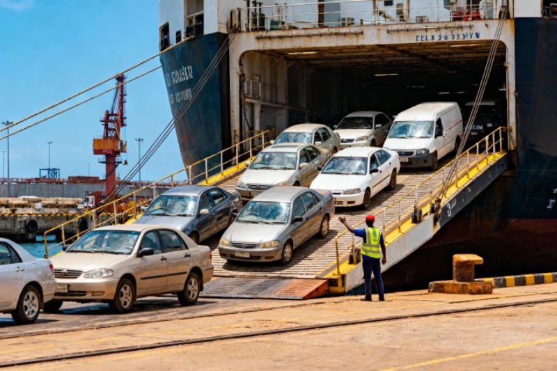 Used car driving up the RoRo ramp for loading