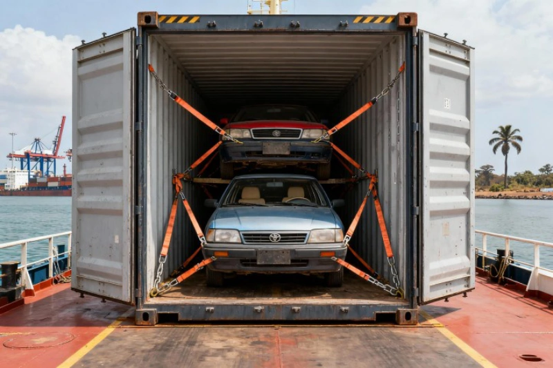 Vehicle lashing and securing inside a shipping container