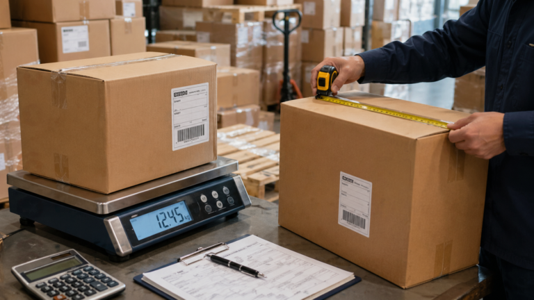 Warehouse worker measuring a cardboard box on a scale for actual weight vs volumetric weight shipping calculation