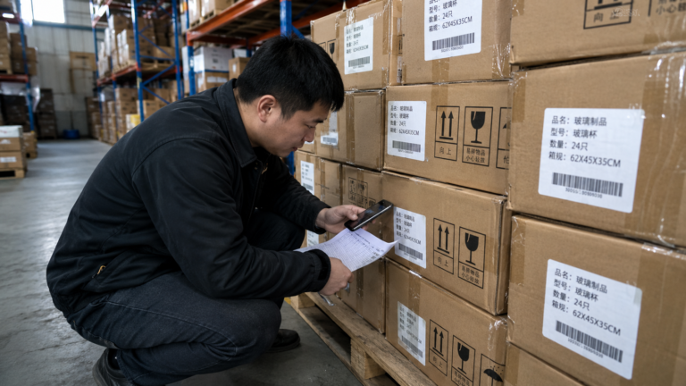 warehouse staff checking cartons and shipping labels before international shipping