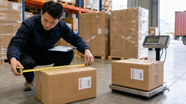 warehouse worker measuring carton dimensions and checking actual weight before shipping