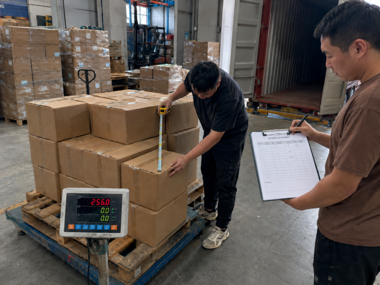 warehouse staff measuring cartons and weighing cargo to calculate actual weight and volumetric weight