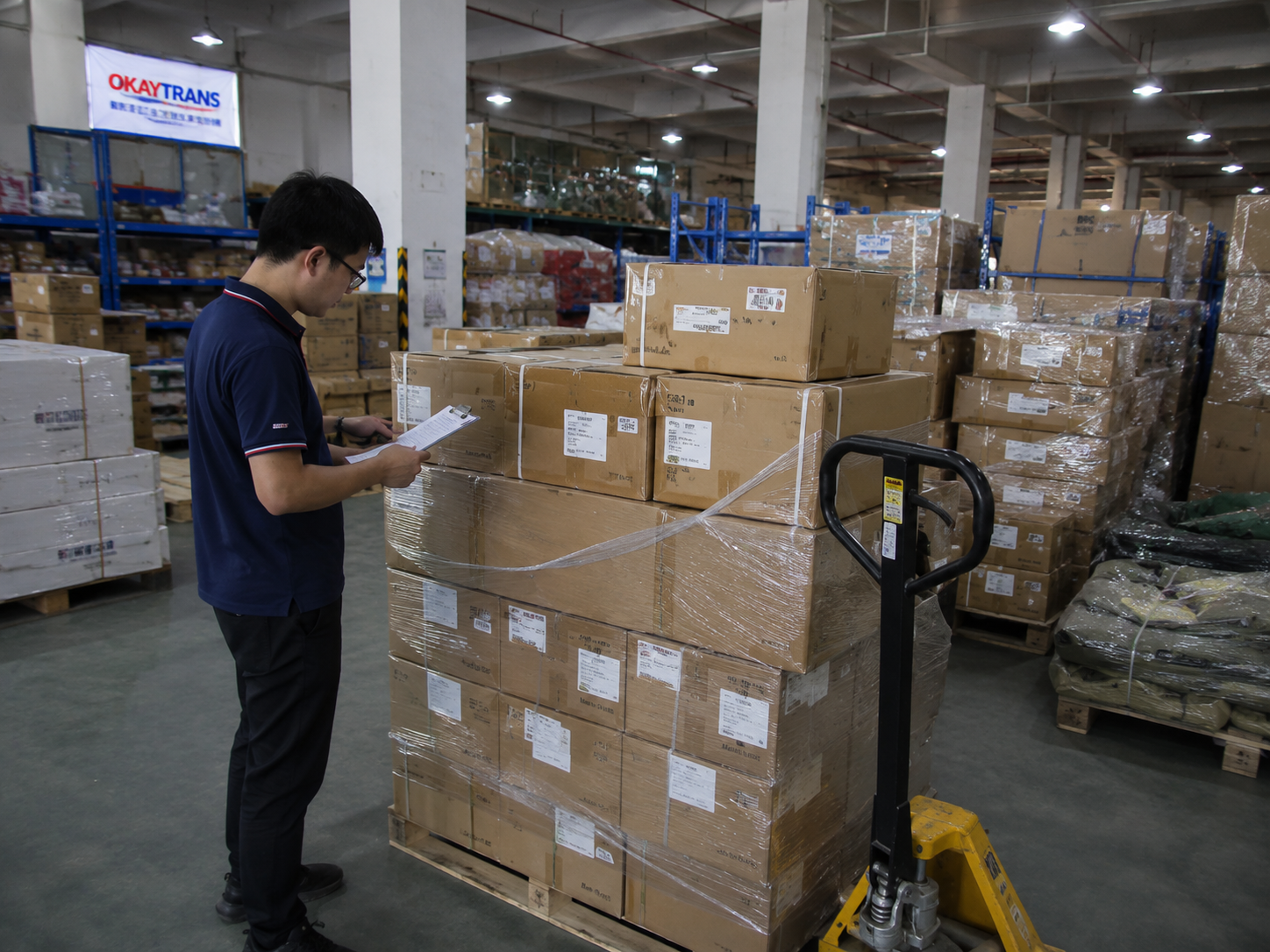 Okaytrans warehouse staff checking labeled cargo boxes and palletized goods before shipping from China to Africa