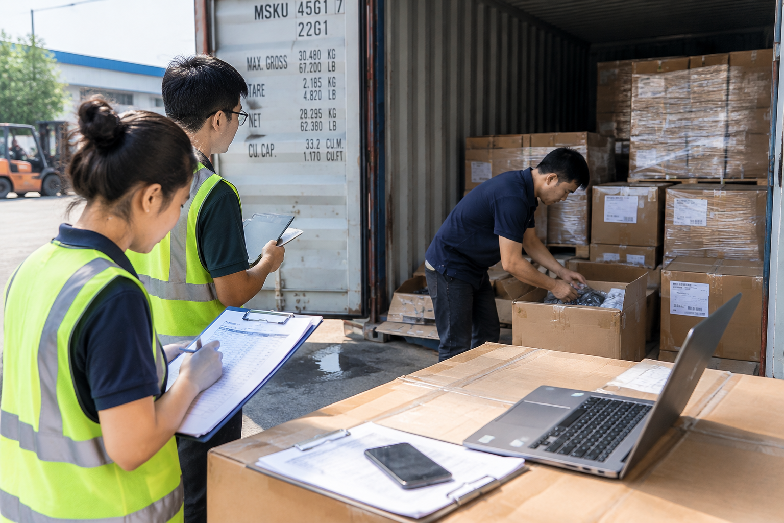 Warehouse workers checking cargo quantities and documenting shipping discrepancies