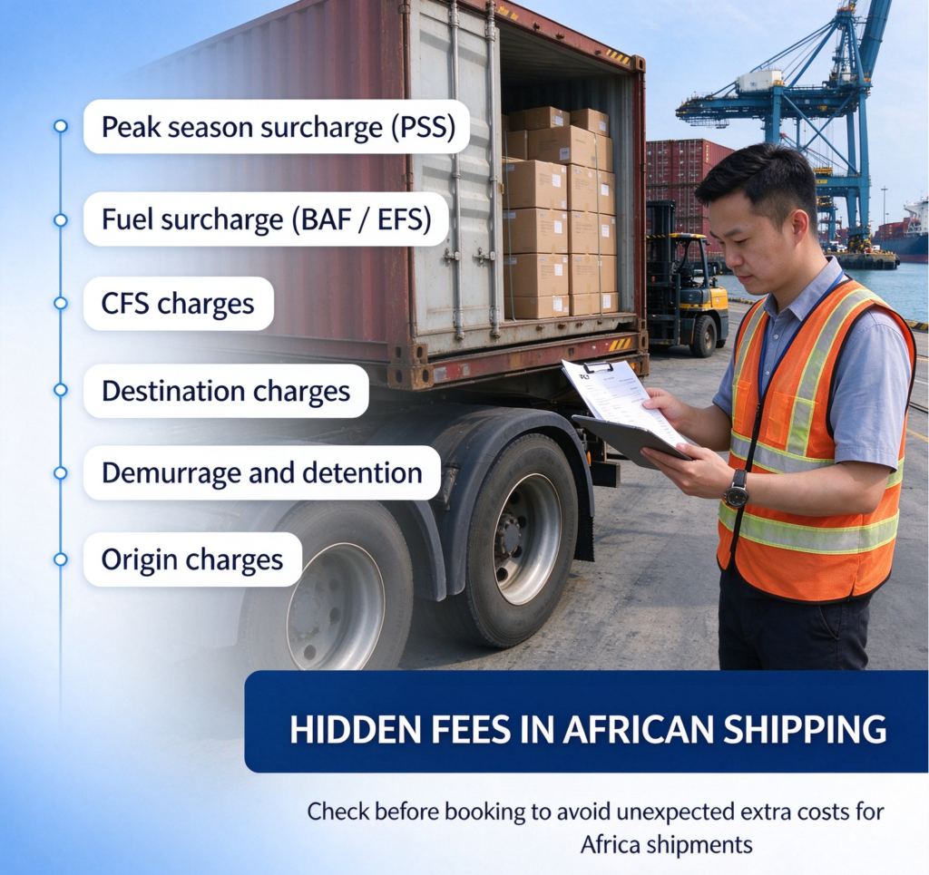 List of six hidden fees in African shipping: PSS, BAF/EFS, CFS charges, destination charges, demurrage and detention, and origin charges, illustrated at a container port
